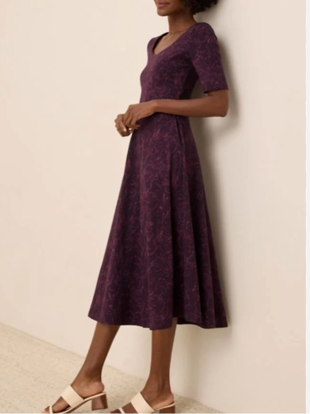 Pact Fit & Flare Scoop Midi Dress Purple Pink Floral Garden Organic Cotton M